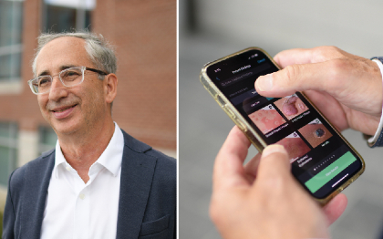 a collage of two photos: The one on the left is a person wearing a white shirt and blue sport coat, the one on the right shows two hands holding a cell phone with pictures of skin rashes on the screen 