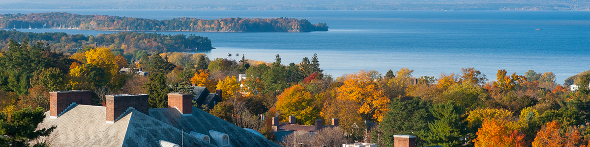 Aerial view of trees and Lake Champlain in autumn