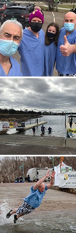 (Top photo, from left to right) Drs. Allen, Diehl, child participant, and Dr. Weiss; (middle photo) Arctic Sun team members walk out of the water after their plunge; (bottom) Dr. Weiss dives in