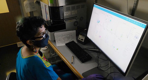 Woman looking at computer in lab