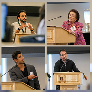 Collage of four people speaking at lecturn